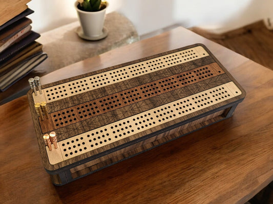 Handcrafted 3 track wooden cribbage board with intricate detailing