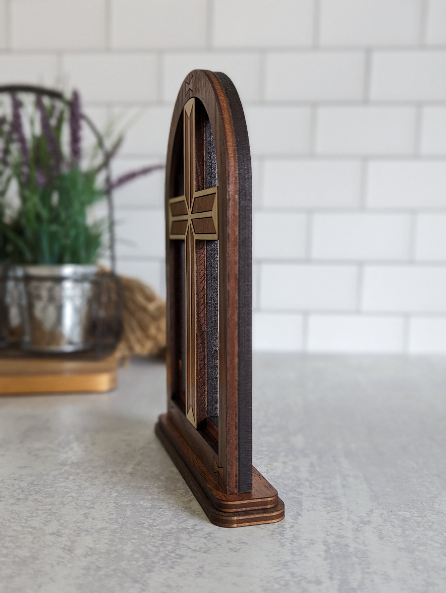 Handcrafted wooden Cross Arch shelf decor