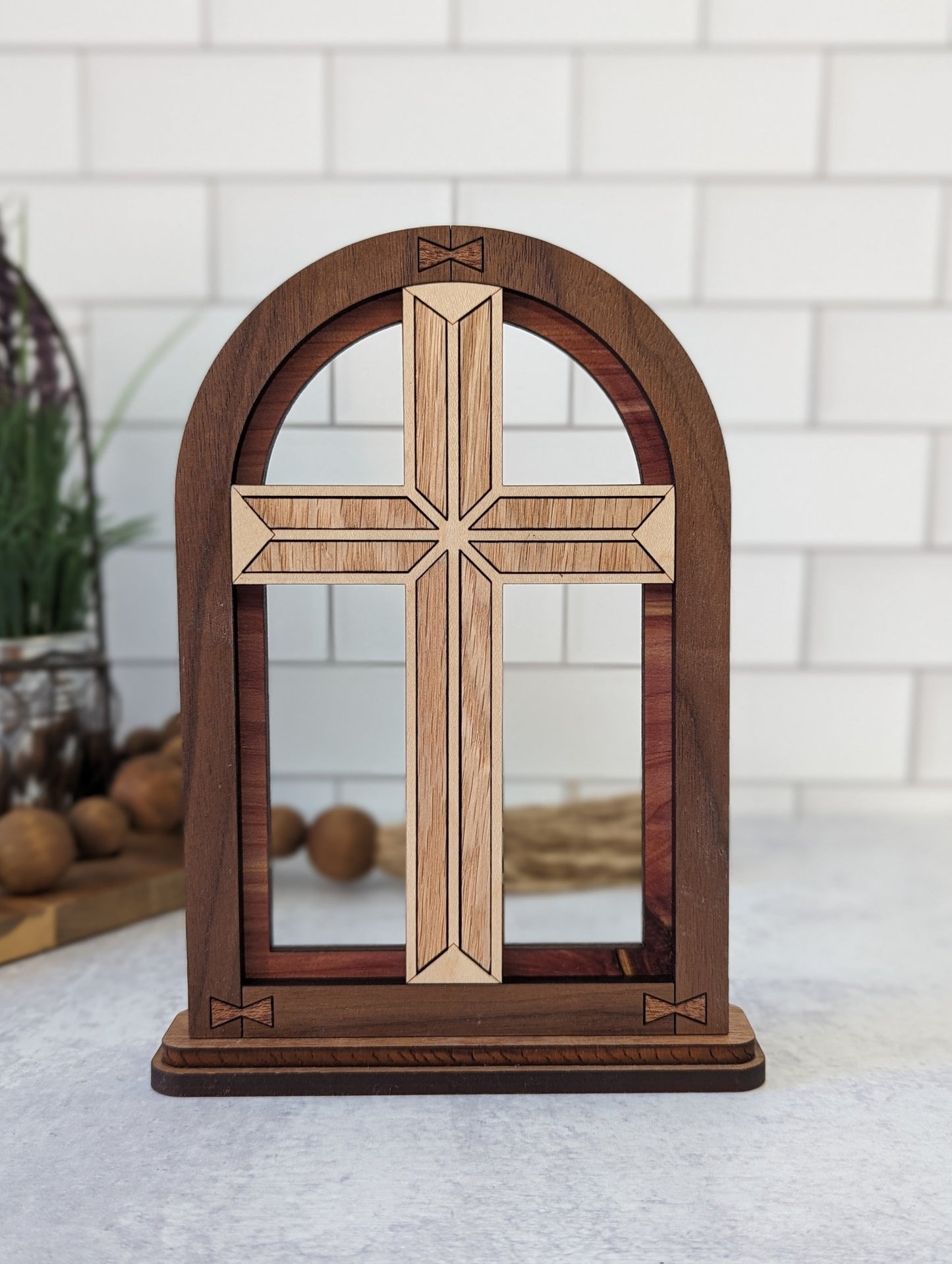 Handcrafted wooden Cross Arch shelf decor