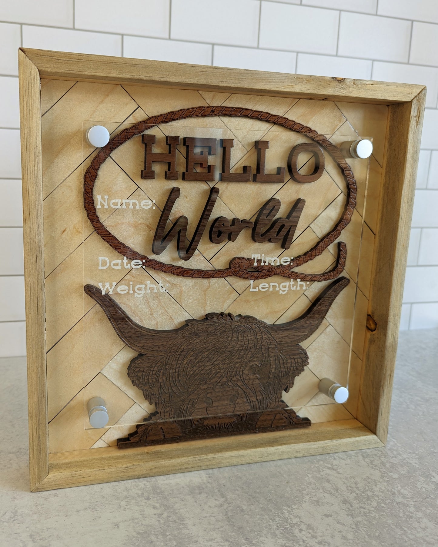 Highland Cow Western Theme Hello World Birth Announcement Sign