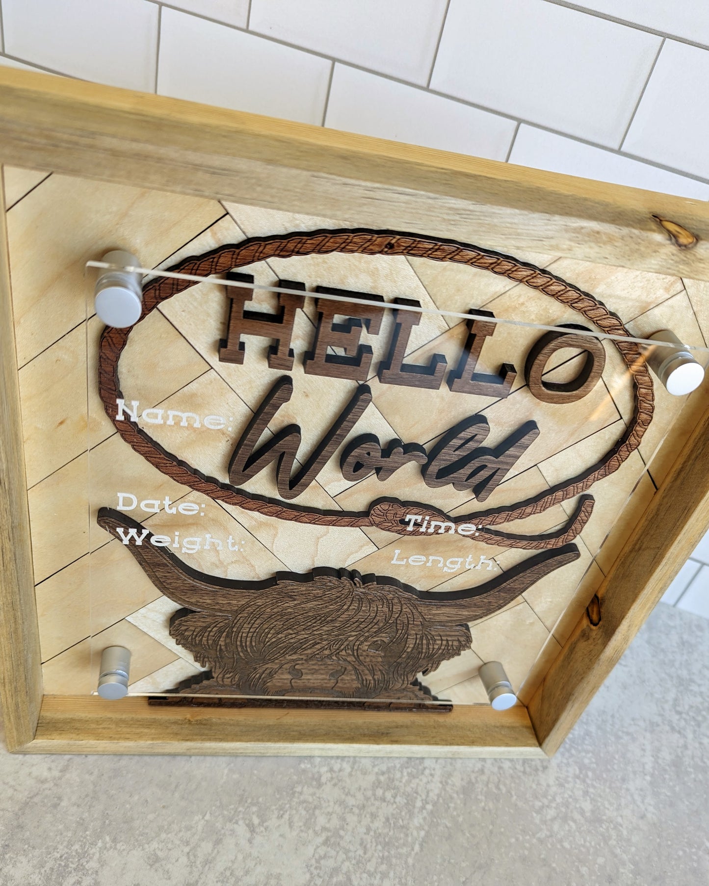 Highland Cow Western Theme Hello World Birth Announcement Sign