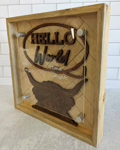 Highland Cow Western Theme Hello World Birth Announcement Sign