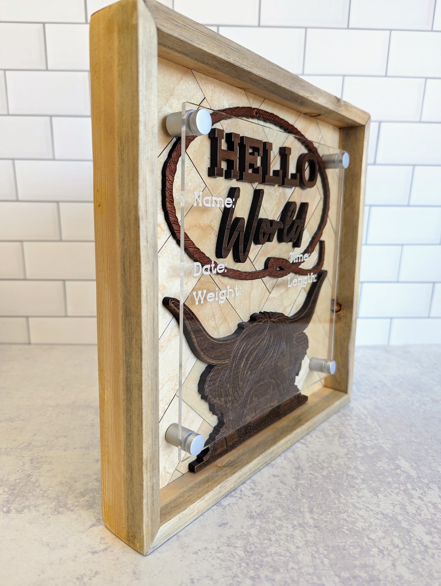 Highland Cow Western Theme Hello World Birth Announcement Sign