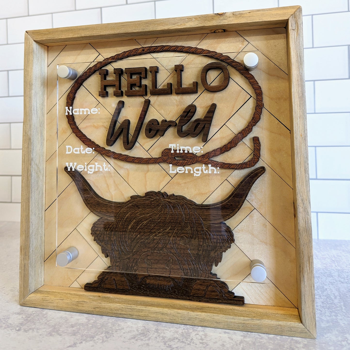 Highland Cow Western Theme Hello World Birth Announcement Sign