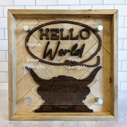 Highland Cow Western Theme Hello World Birth Announcement Sign